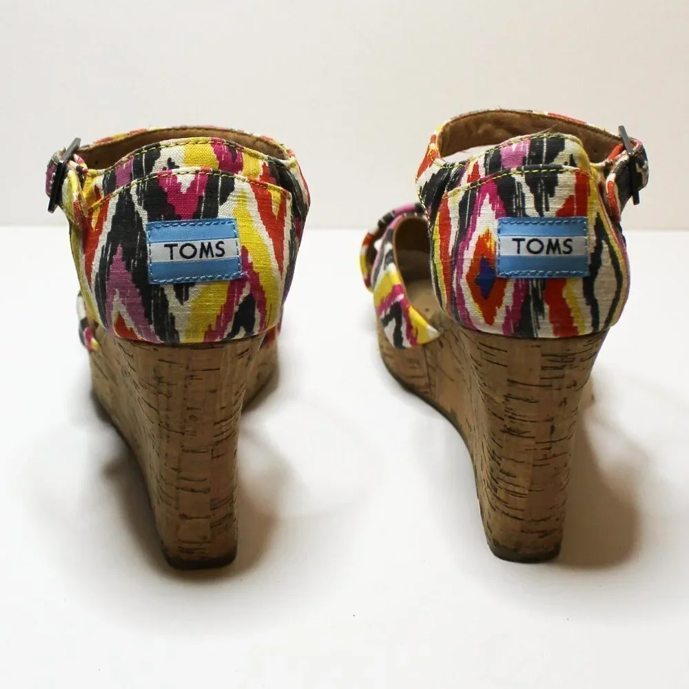 TOMS colorful Ikat‎ cork wedge sandal size 8.5